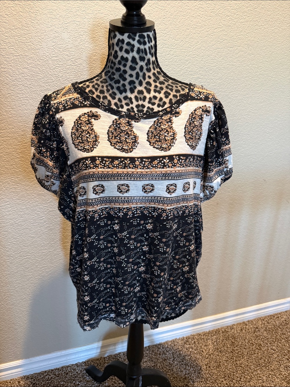 Free People Black and Cream Paisley Short Sleeve Top